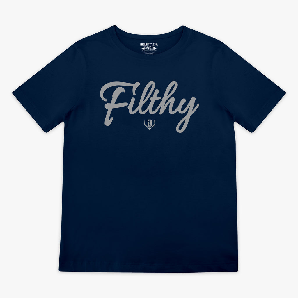 Navy blue t-shirt with 'Filthy' printed in grey 
