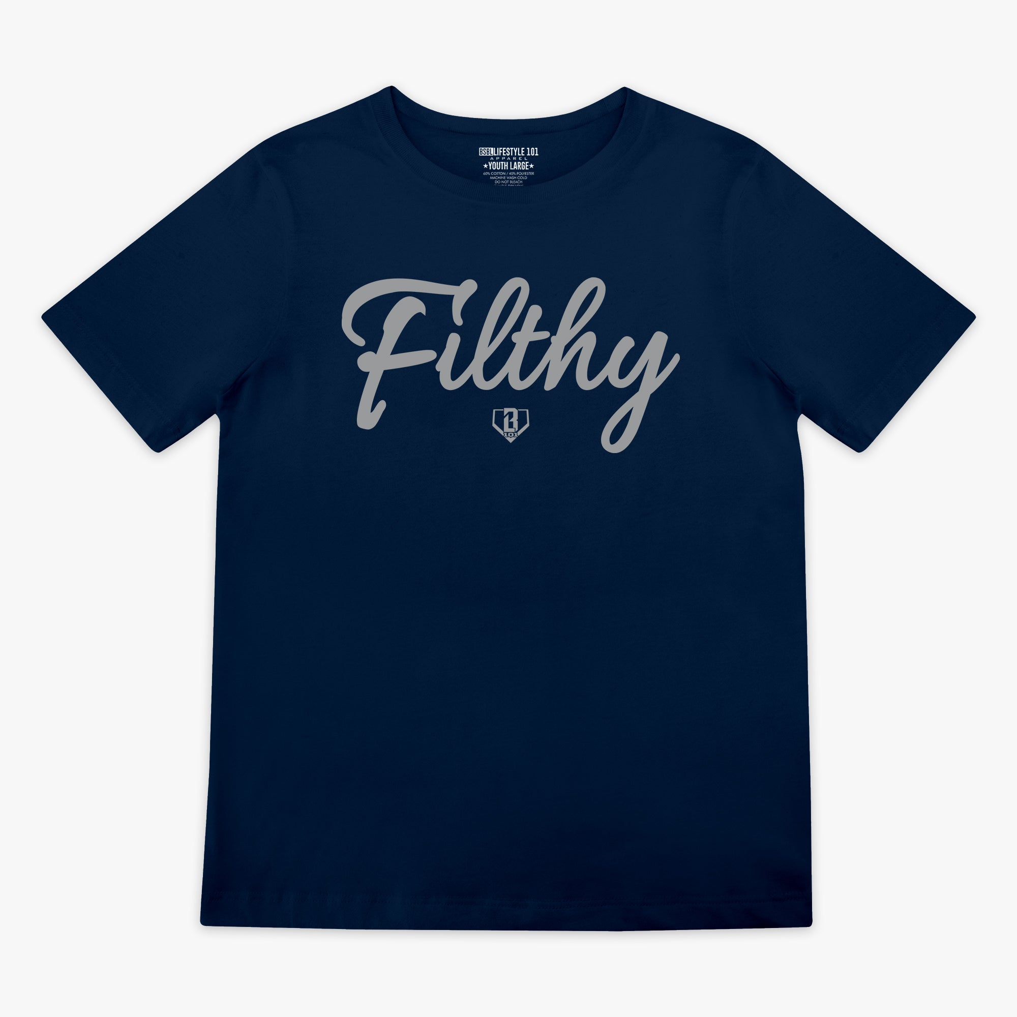 Navy blue t-shirt with 'Filthy' printed in grey 