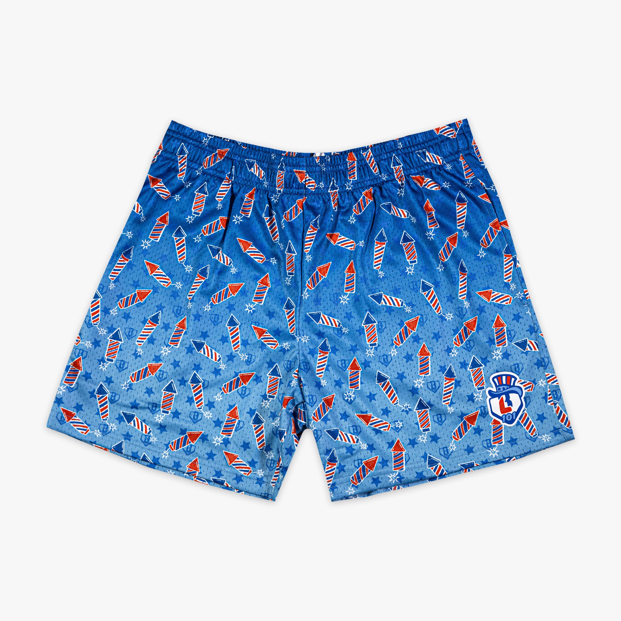 Red, white & blue shorts with “Firework Flyball” design — front view