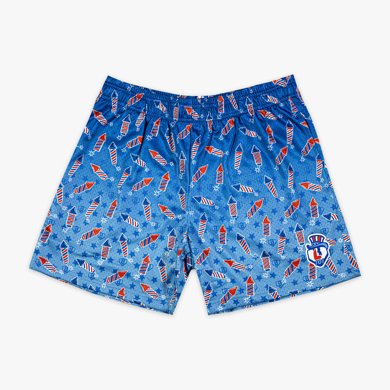 Red, white & blue youth shorts with “Firework Flyball” design — front view