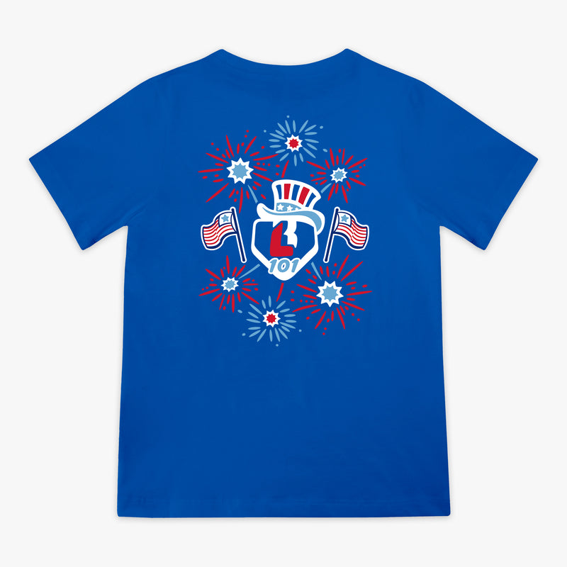 4th of July blue baseball youth tee fireworks and American flag graphic shirt