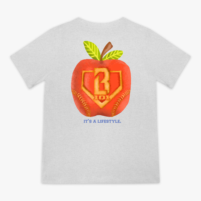 grey t shirt with a red apple graphic