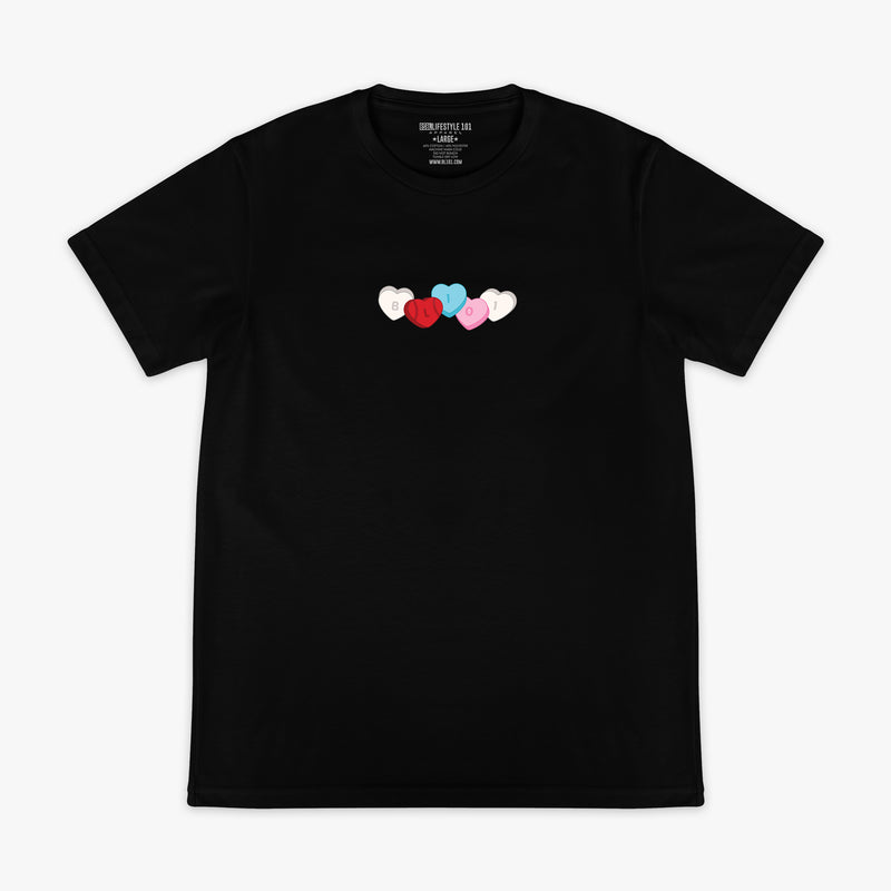 Black t-shirt with colorful heart design and BL101 text on a white background