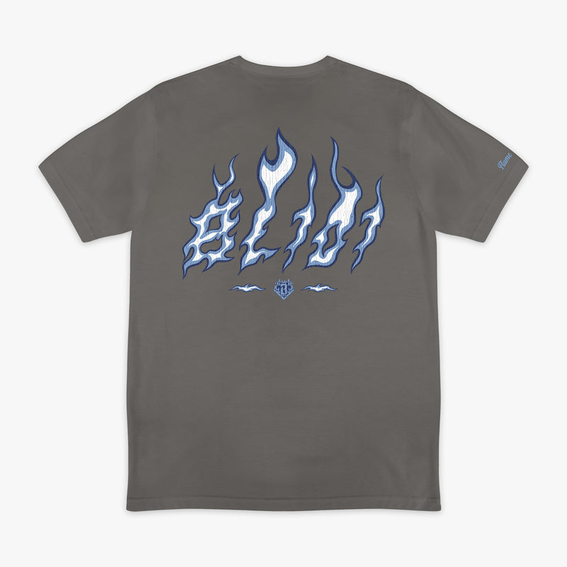 Flat lay back of gray tee with blue and white BL101 flame letter graphic and BL101 logo, "Flame" sleeve hit.