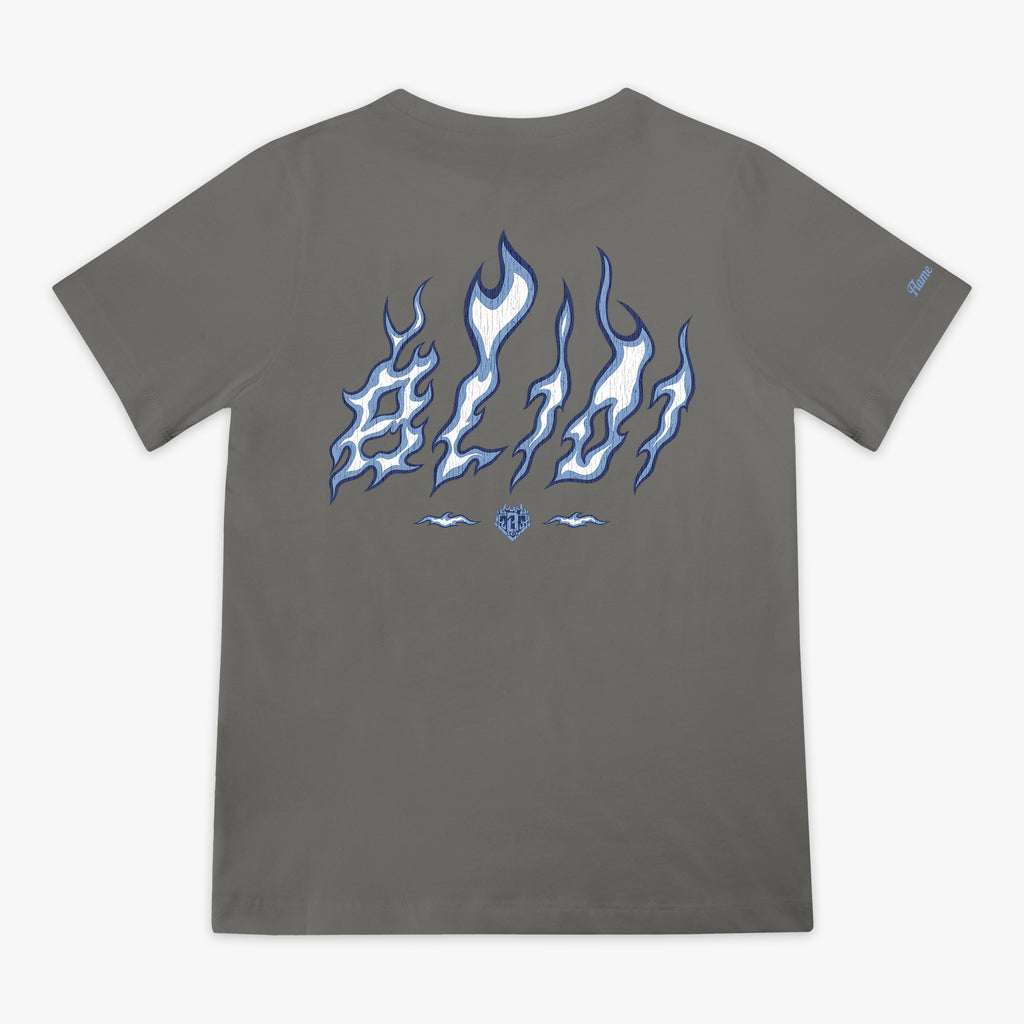Flat lay back of gray tee with blue and white BL101 flame letter graphic and BL101 diamond logo, "Flame" sleeve hit.