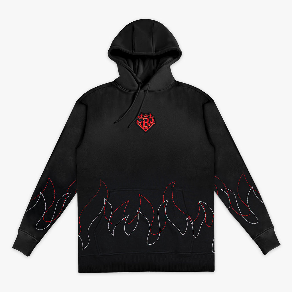Front view of black pullover hoodie with BL101 flame crest embroidery on chest and red and white stitched flame outlines along the hem and sleeves