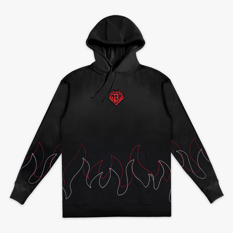 Front view of black pullover hoodie with BL101 flame crest embroidery on chest and red and white stitched flame outlines along the hem and sleeves