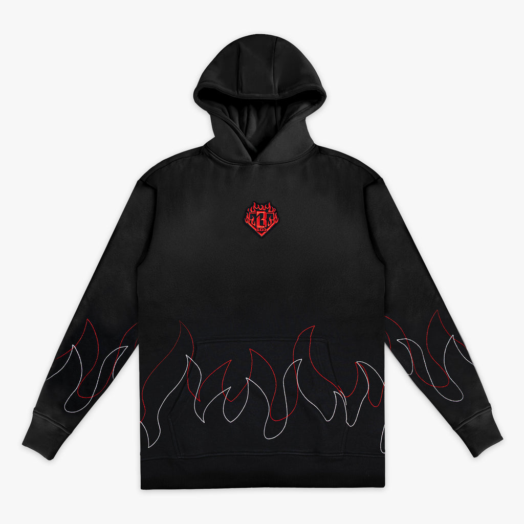 Front view of black pullover hoodie with BL101 flame crest embroidery on chest and red and white stitched flame outlines along the hem and sleeves