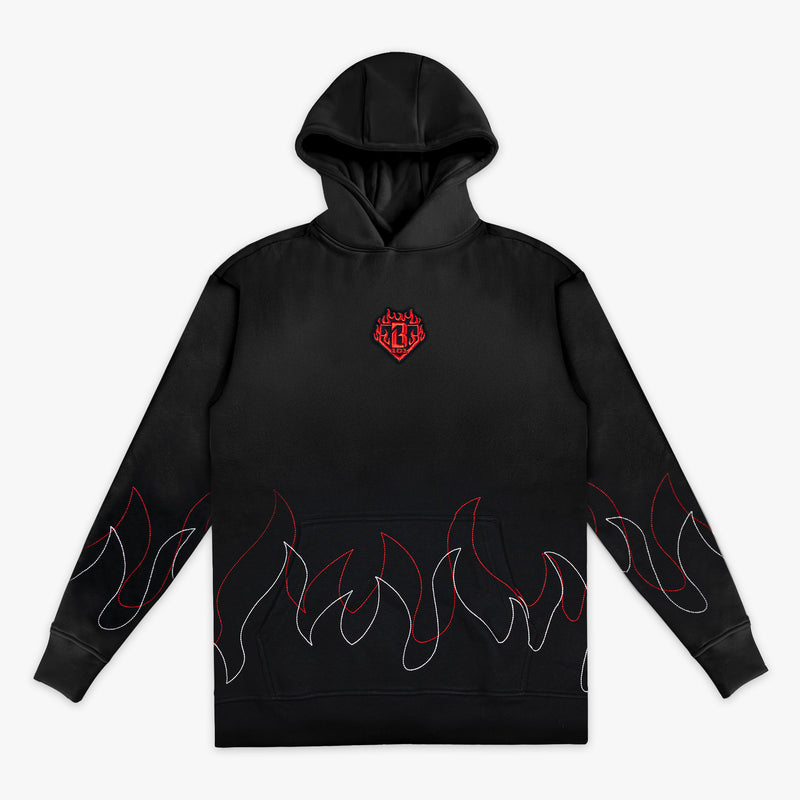 Front view of black pullover hoodie with BL101 flame crest embroidery on chest and red and white stitched flame outlines along the hem and sleeves