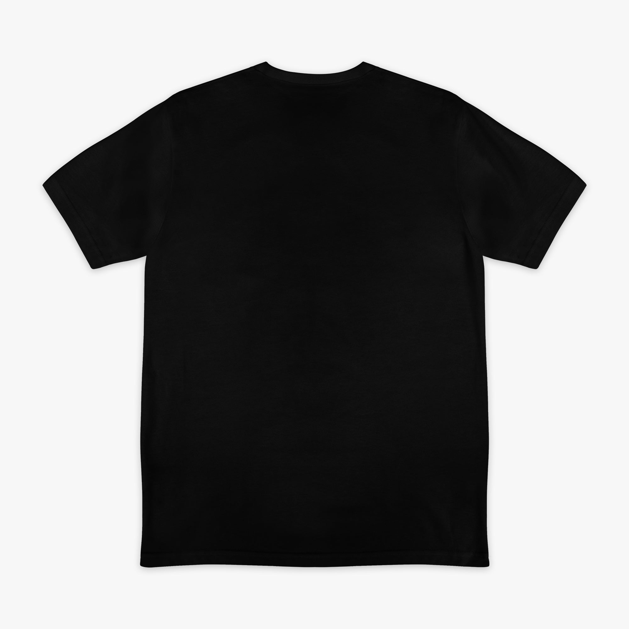 Flat lay back of black tee, plain with no graphic.