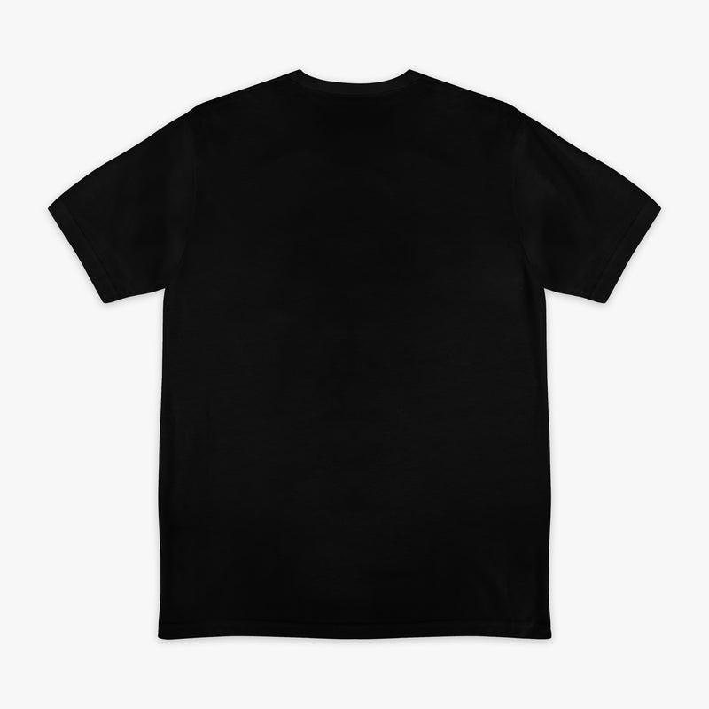 Flat lay back of black tee, plain with no graphic.