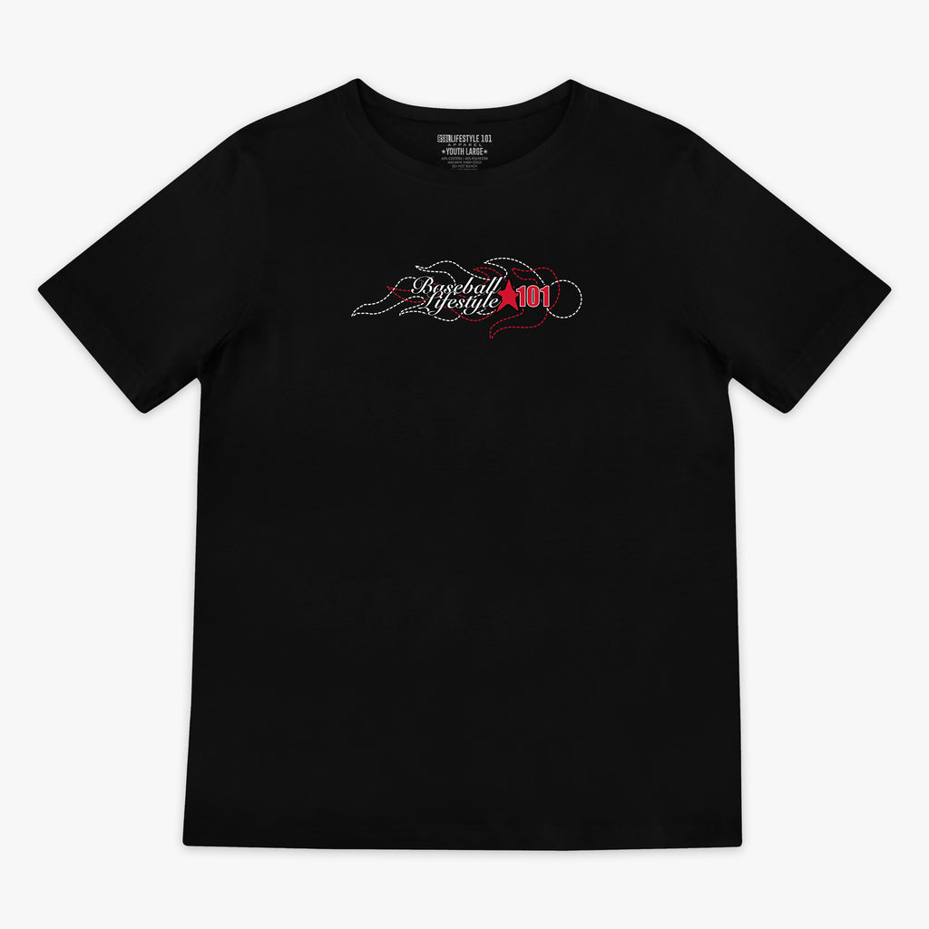 Flat lay front of black tee with stitched flame Baseball Lifestyle 101 chest graphic in white and red.