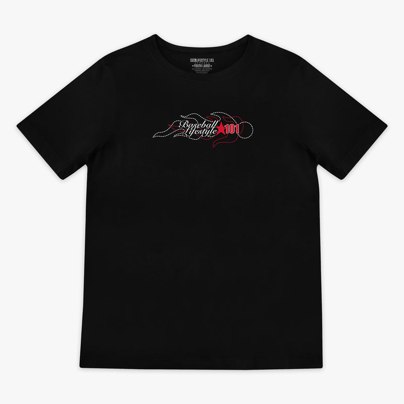 Flat lay front of black tee with stitched flame Baseball Lifestyle 101 chest graphic in white and red.
