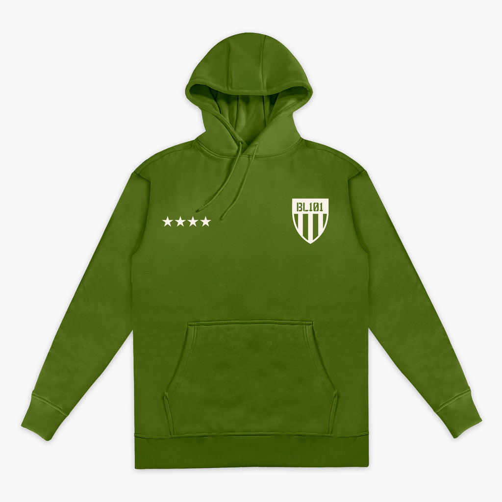 Army green Hoodie with white BL101 armor design and five white stars in front of hoodie