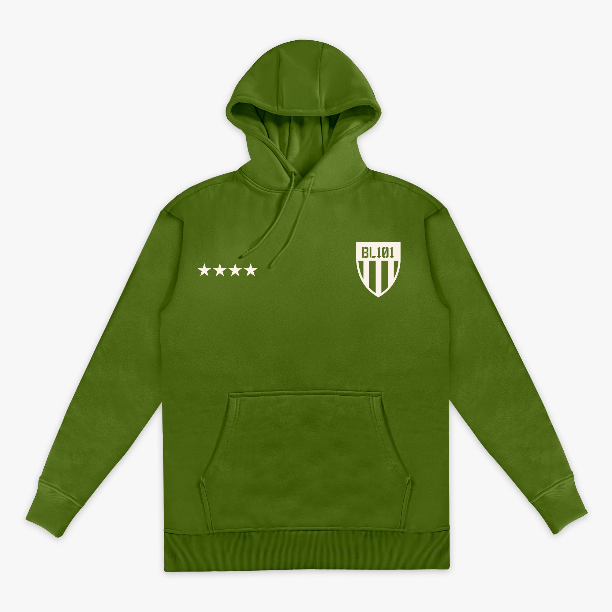Army green Hoodie with white BL101 armor design and five white stars in front of hoodie