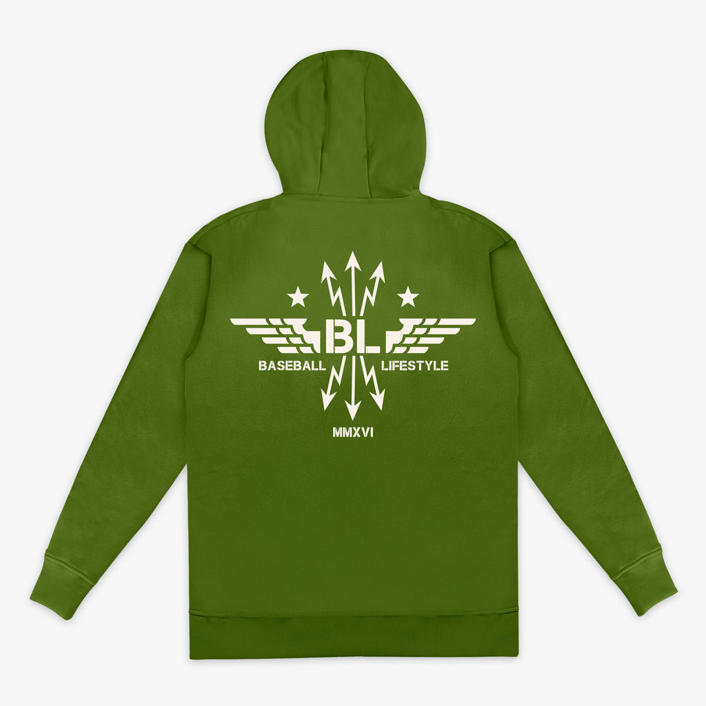 Army green Youth Hoodie with white Baseball Lifestyle BL wing design in middle of back 