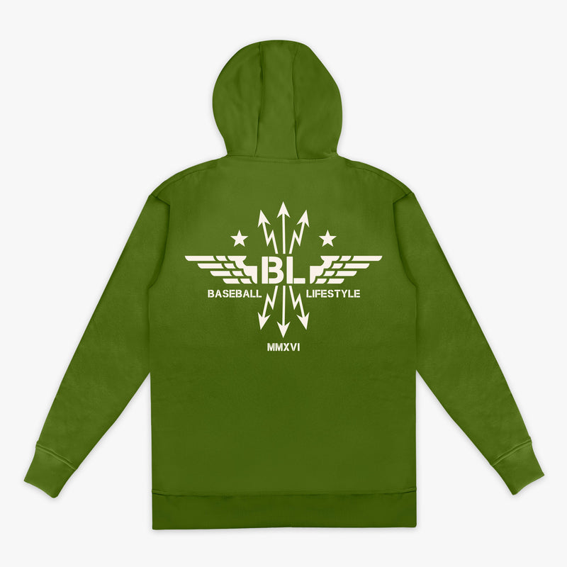 Army green Youth Hoodie with white Baseball Lifestyle BL wing design in middle of back 