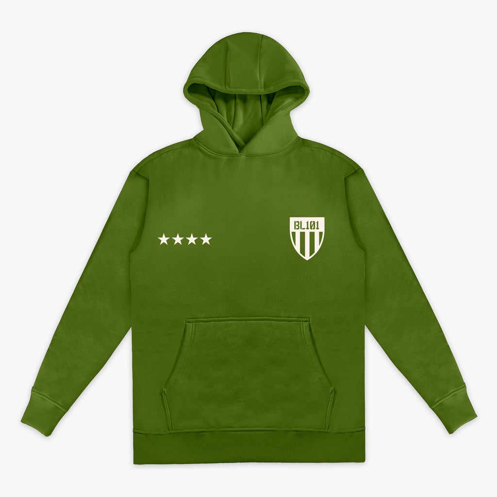 Army green Youth Hoodie with white BL101 armor design and five white stars in front of hoodie