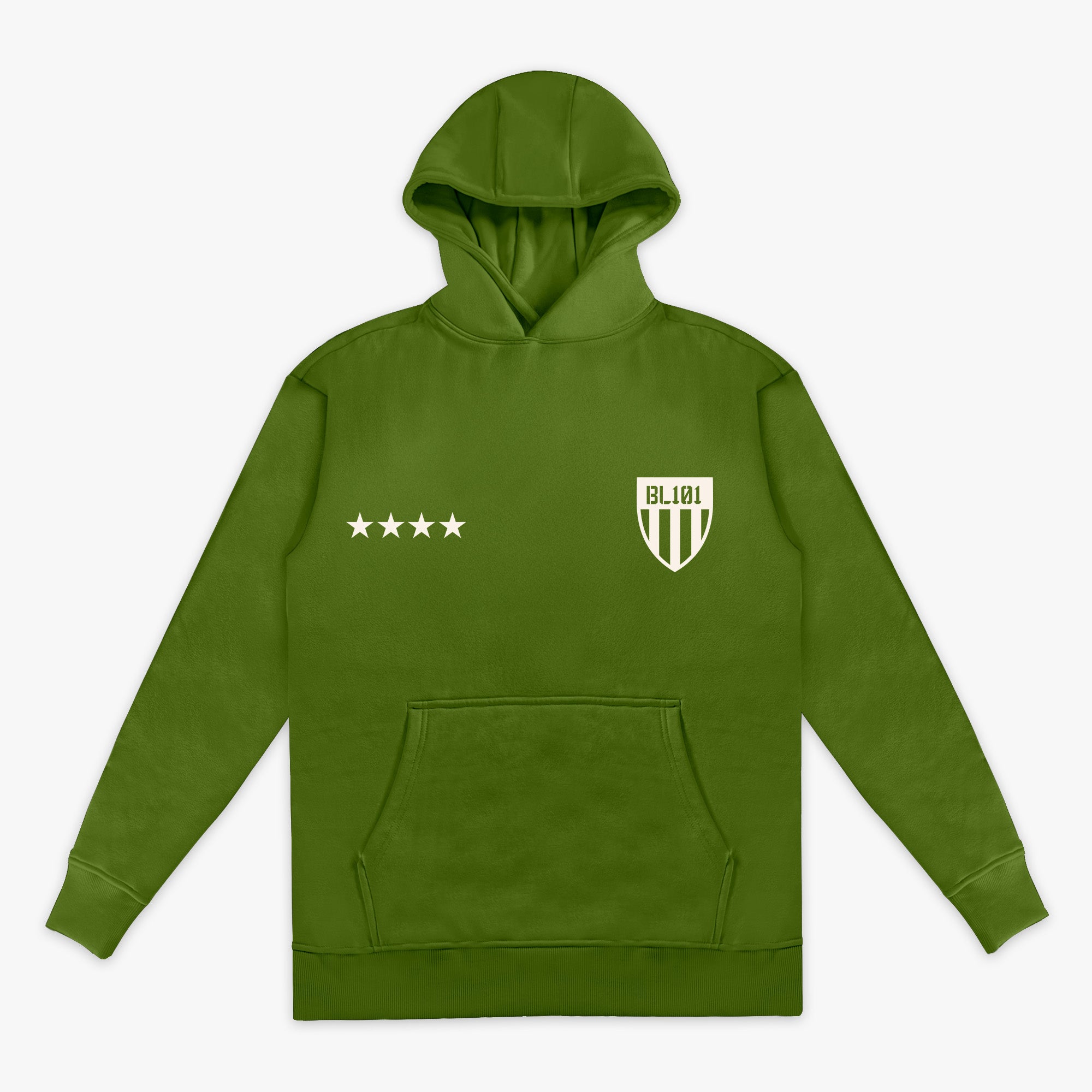 Army green Youth Hoodie with white BL101 armor design and five white stars in front of hoodie