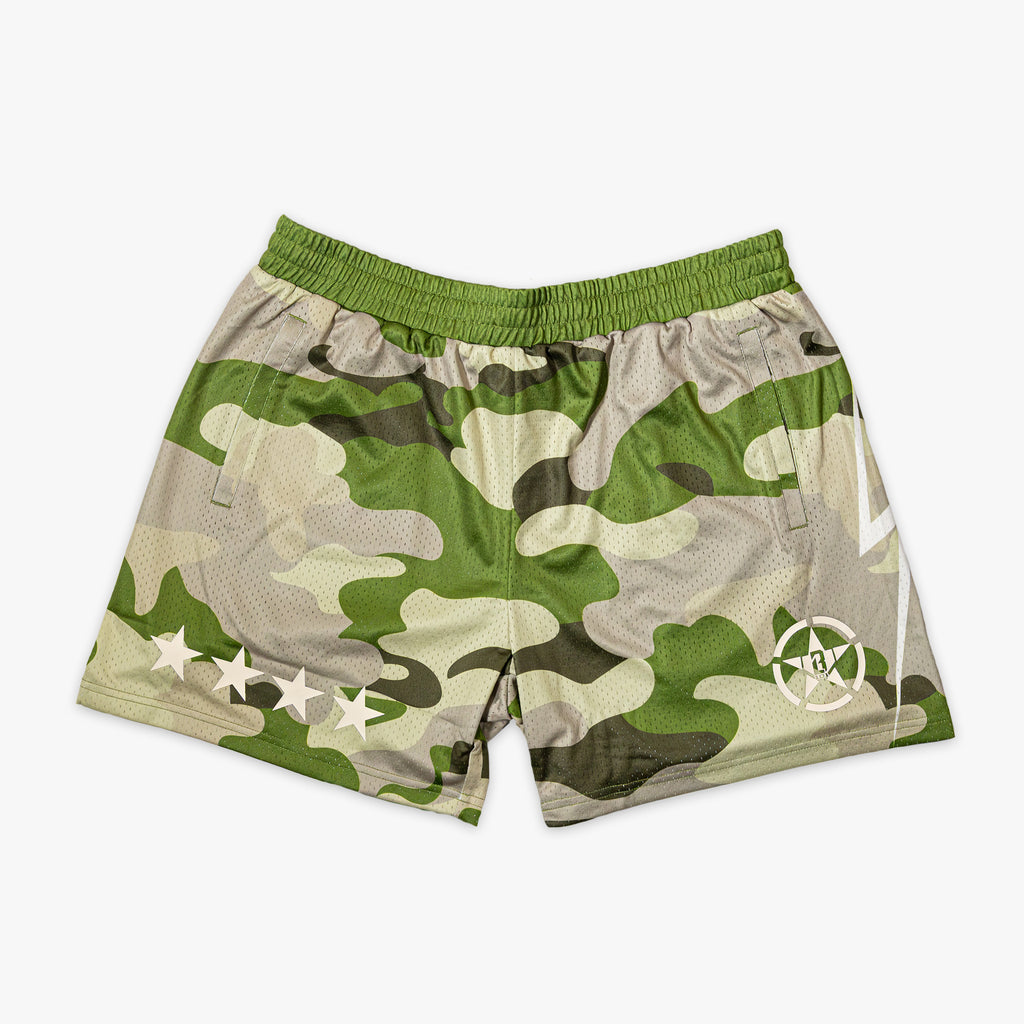 Camouflage green athletic shorts with a white BL101 star logo, a green waistband, four additional white stars, and side pockets.