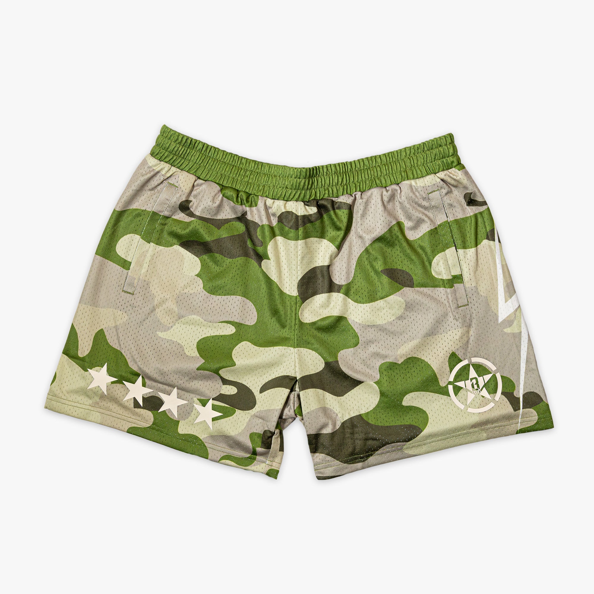 Camouflage green athletic shorts with a white BL101 star logo, a green waistband, four additional white stars, and side pockets.