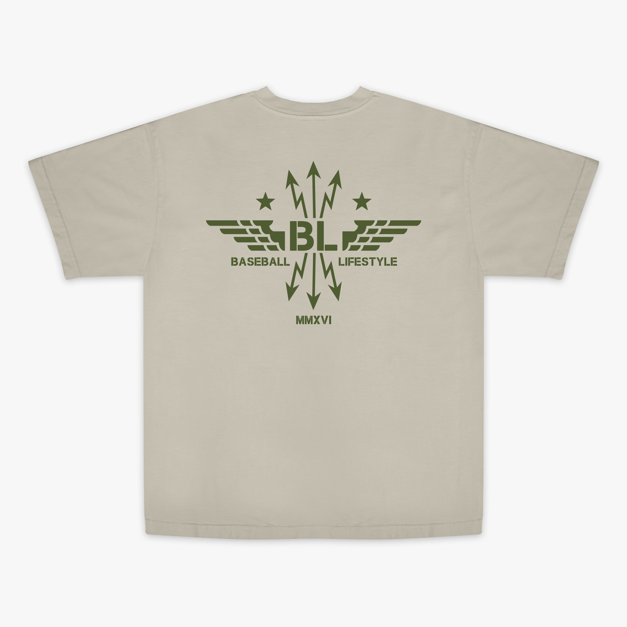 Tan t-shirt with dark green graphic featuring wings, arrows, and stars, with the Baseball Lifestyle BL logo in the center