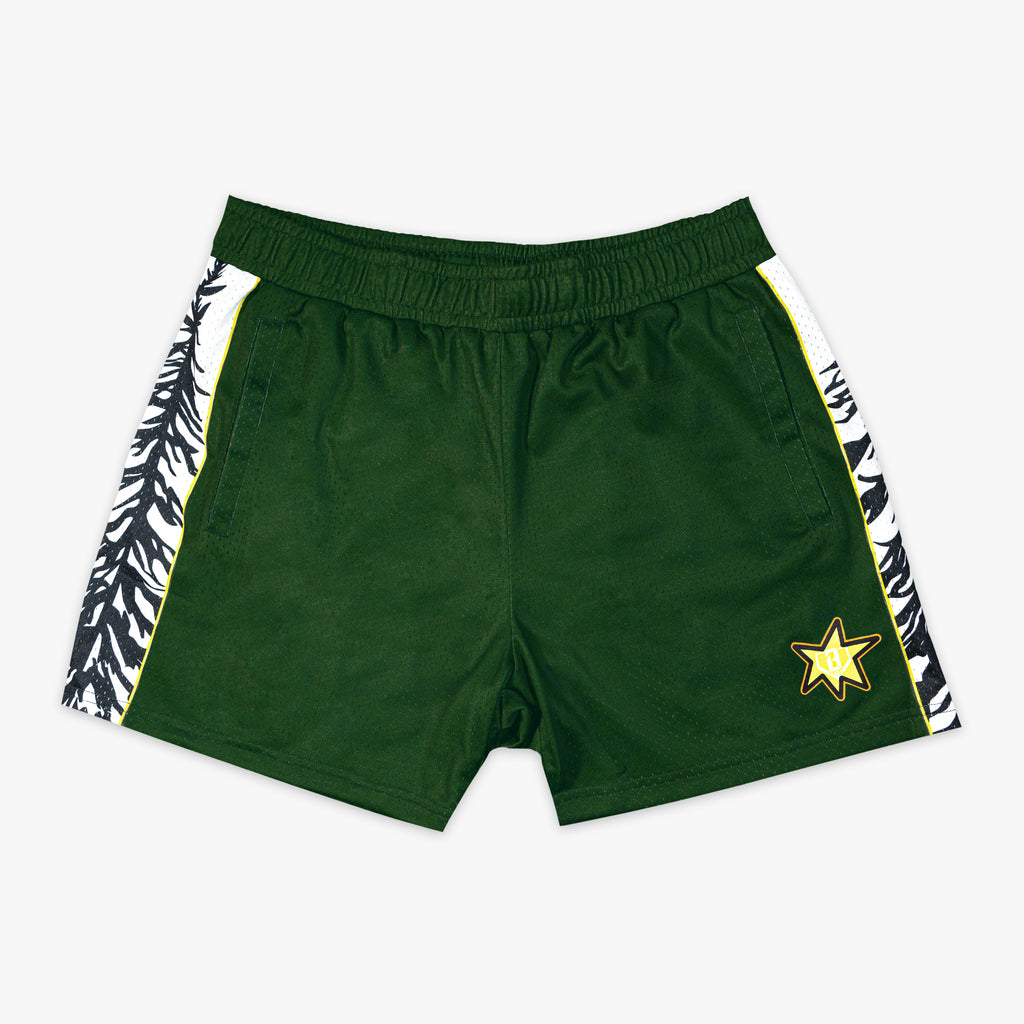 Forest Youth Shorts baseball forest green pine tree side panels gold star screen print camping