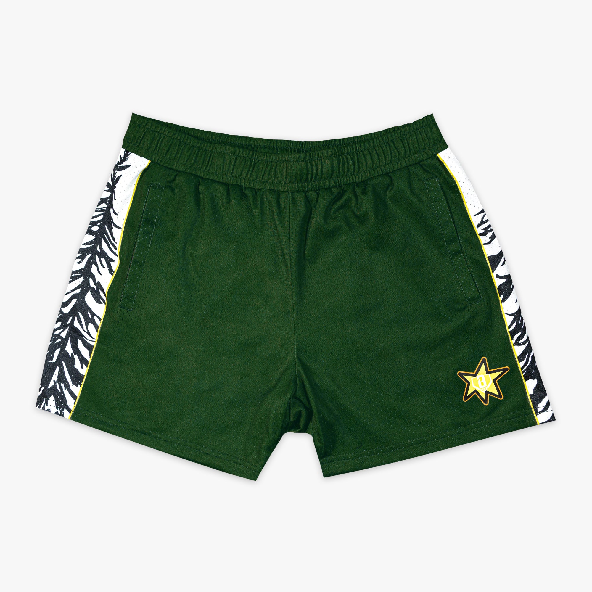 Forest Youth Shorts baseball forest green pine tree side panels gold star screen print camping