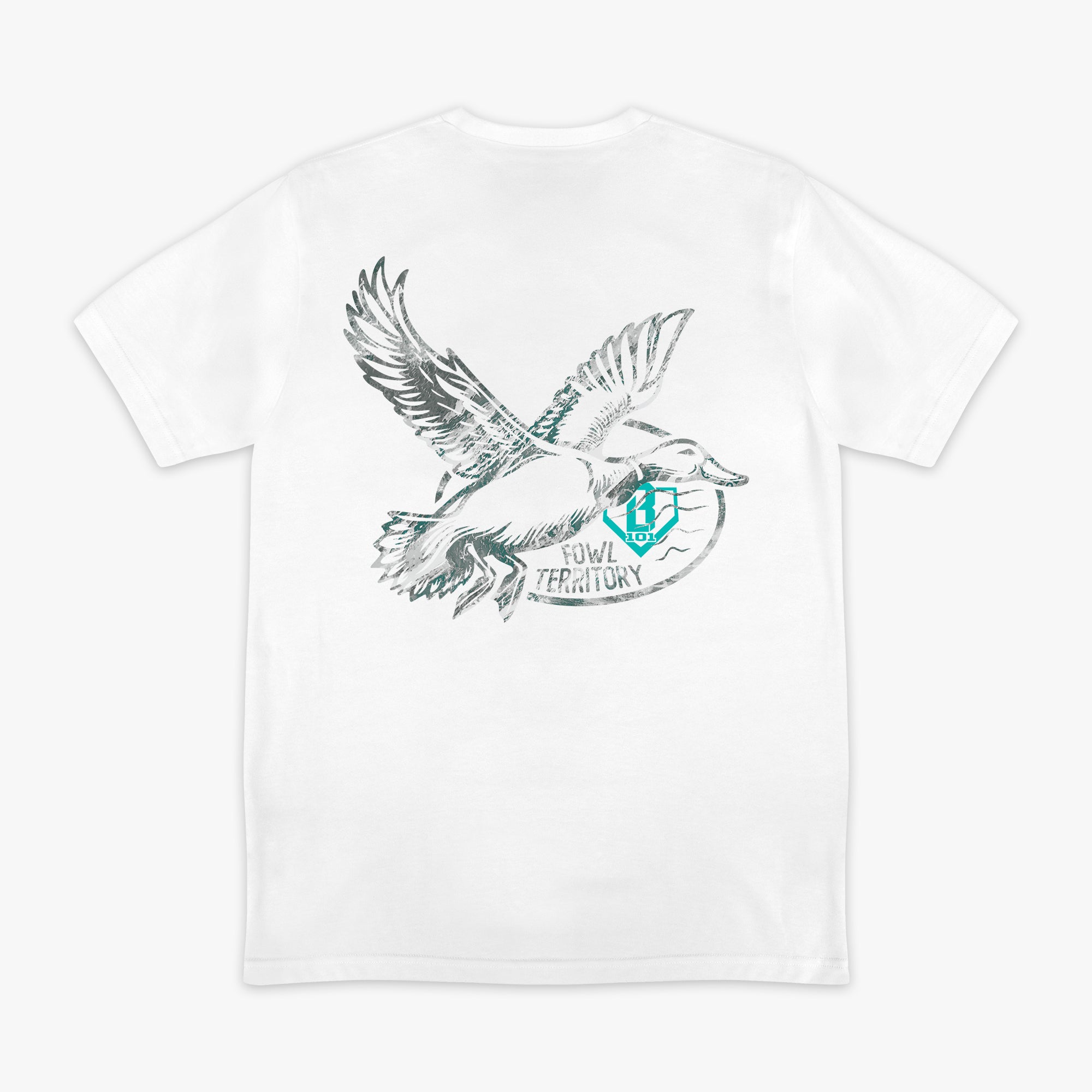 White t-shirt with a graphic of a bird, 'Fowl Territory' text and blue BL101 logo on a white background