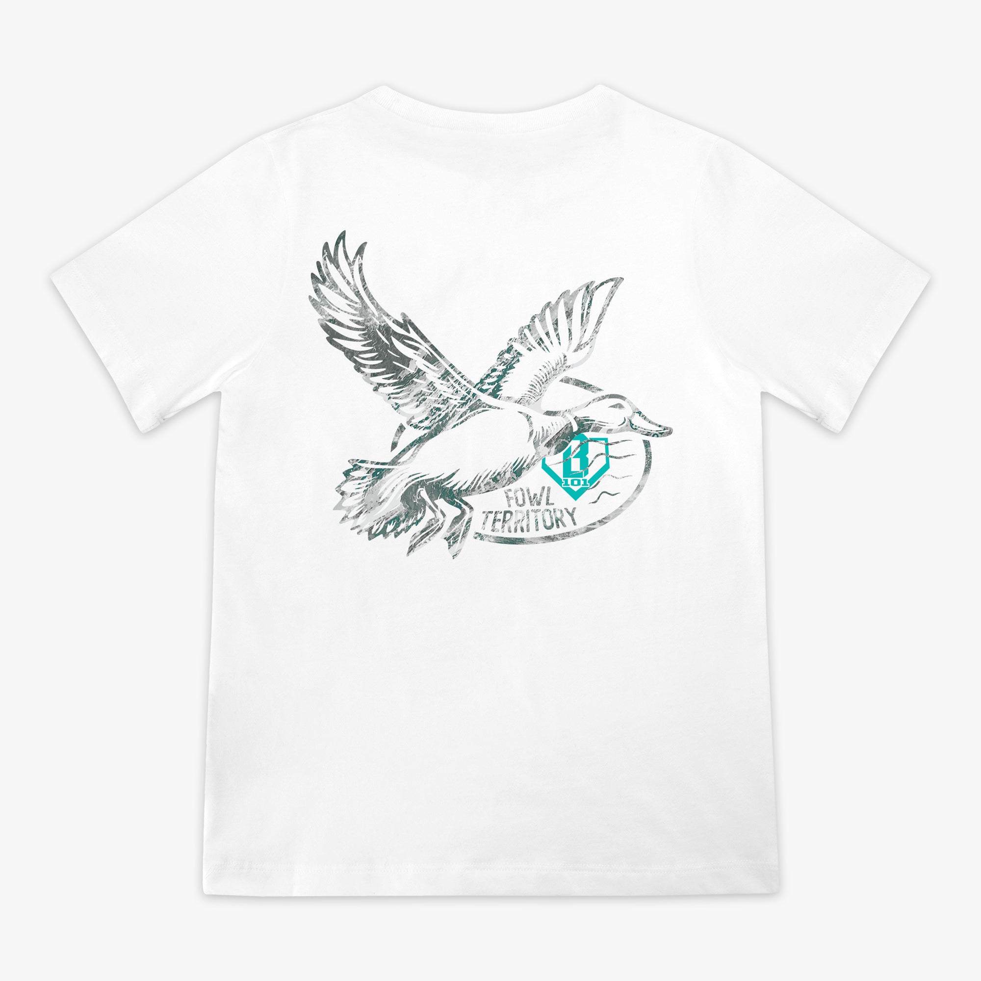 White t-shirt with a graphic of a bird, 'Fowl Territory' text and blue BL101 logo on a white background