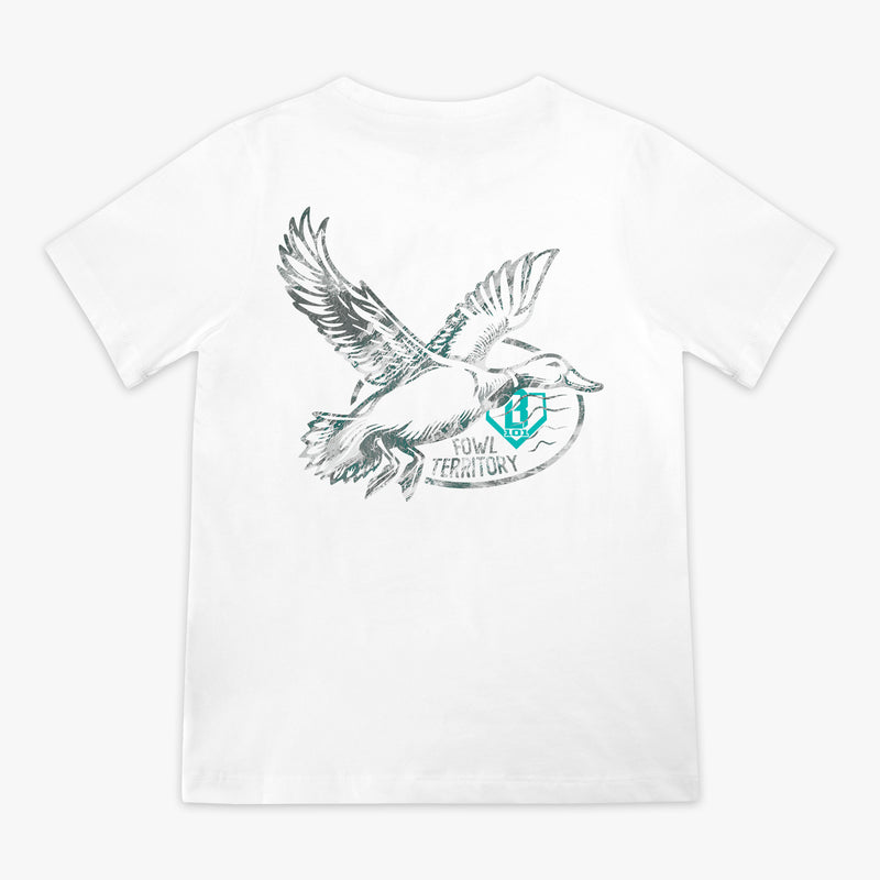White t-shirt with a graphic of a bird, 'Fowl Territory' text and blue BL101 logo on a white background