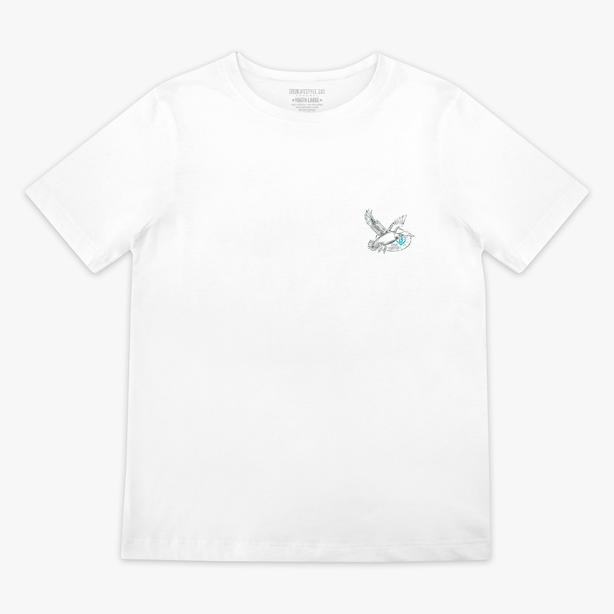 White t-shirt with a small graphic of a bird, 'Fowl Territory' text and blue BL101 logo on a white background