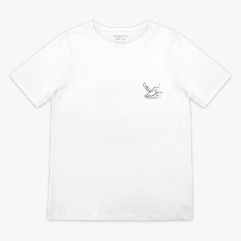 White t-shirt with a small graphic of a bird, 'Fowl Territory' text and blue BL101 logo on a white background