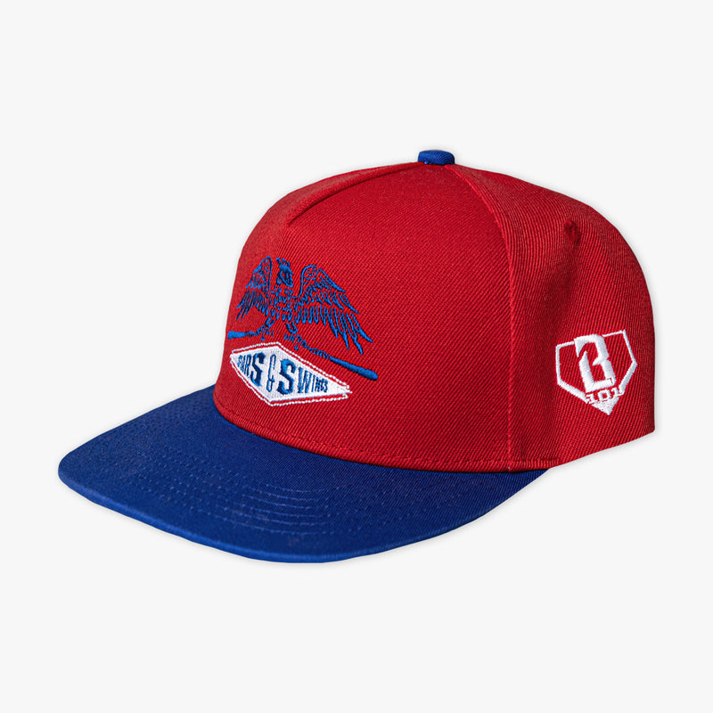Red and blue cap with BL101 logo on a white background