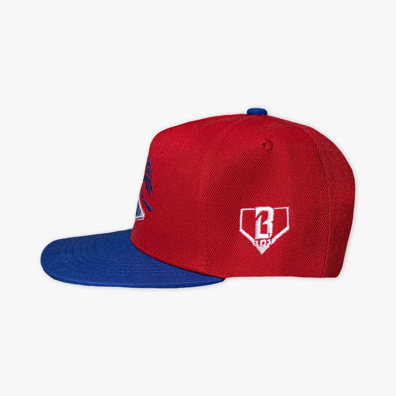 Red and blue cap with BL101 logo on a white background