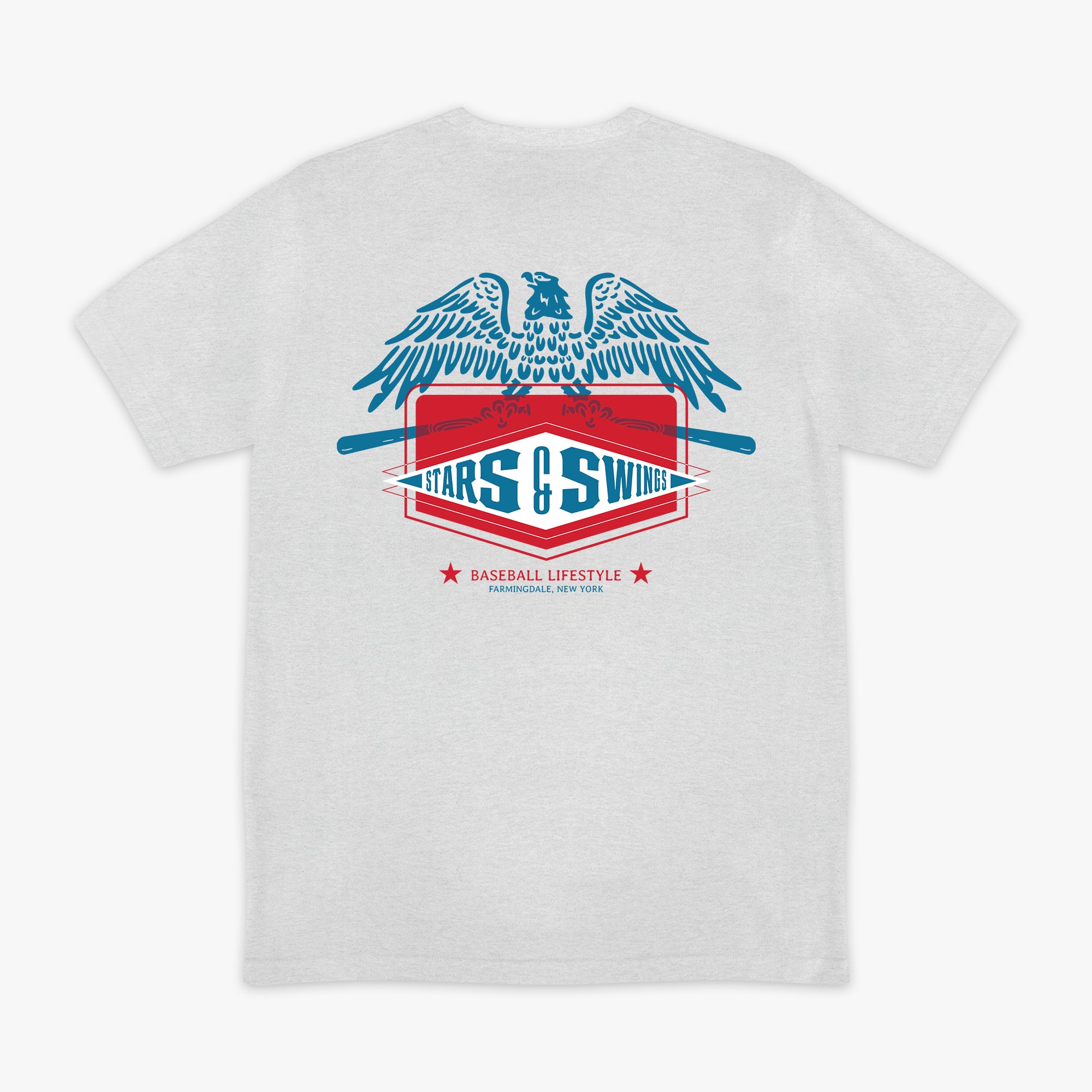 Heather gray short sleeve tee with blue spread-wing eagle above Stars and Swings badge graphic with crossed bats and Baseball Lifestyle Farmingdale New York text on white background
