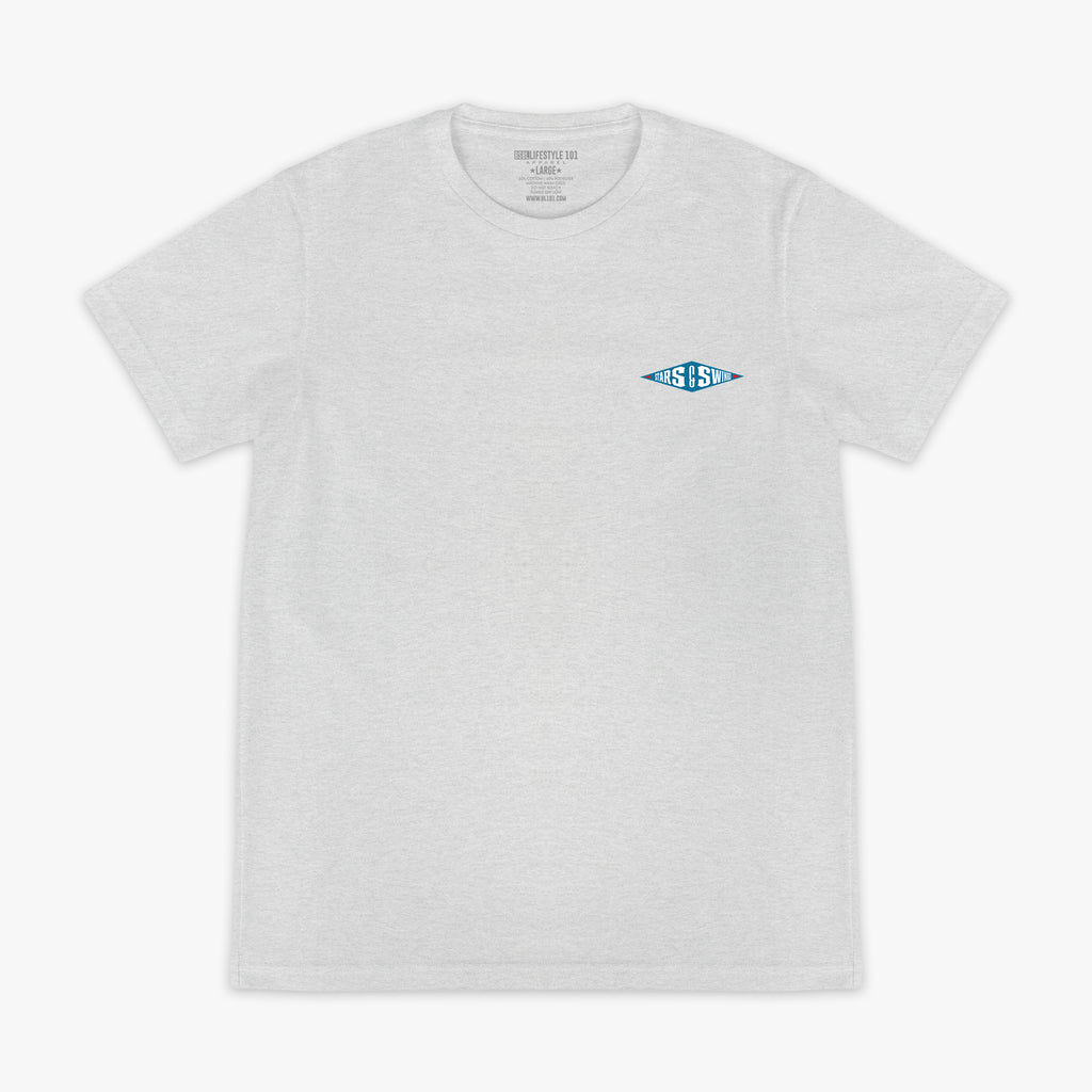 Heather gray short sleeve tee with blue diamond-shaped Stars and Swings logo on left chest on white background