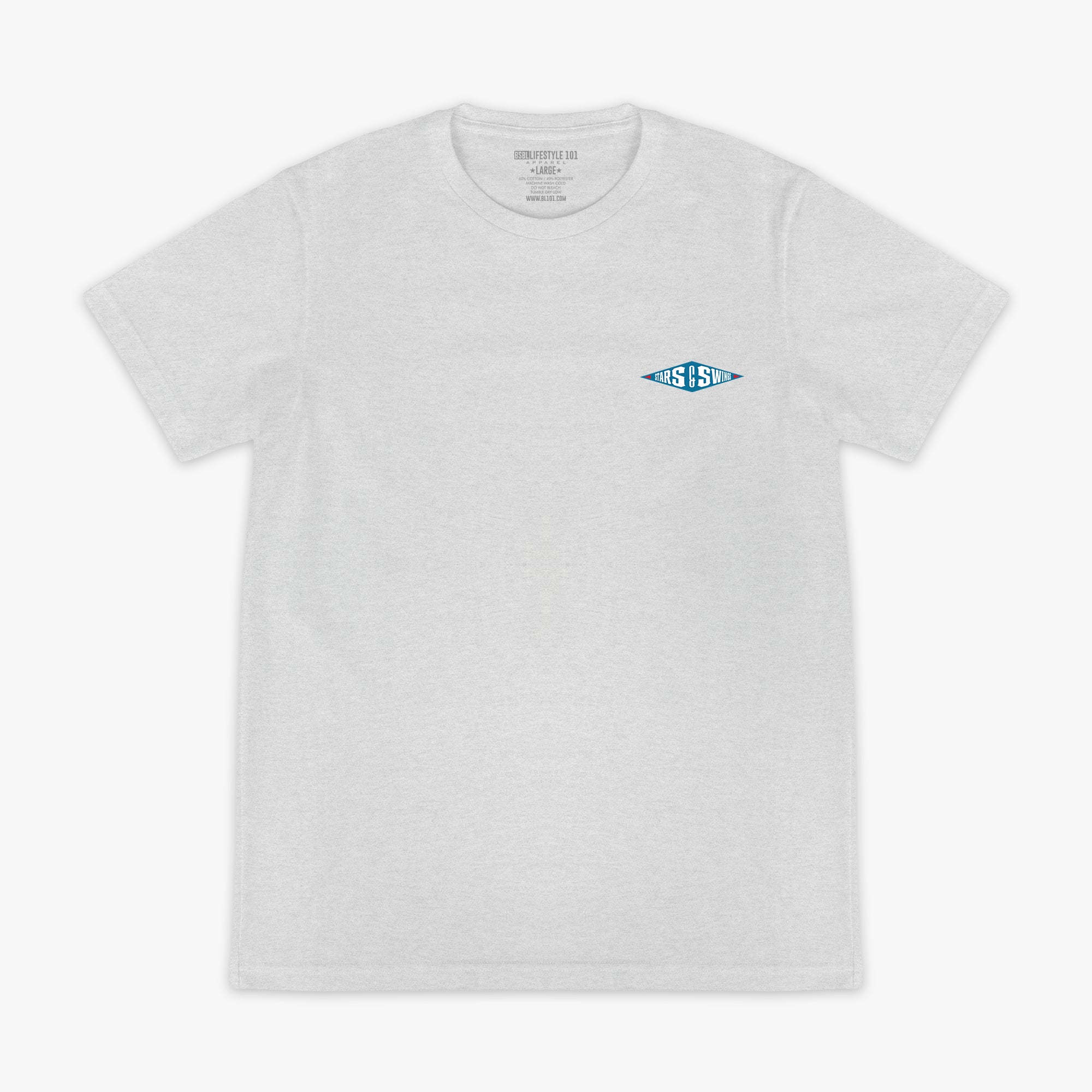 Heather gray short sleeve tee with blue diamond-shaped Stars and Swings logo on left chest on white background