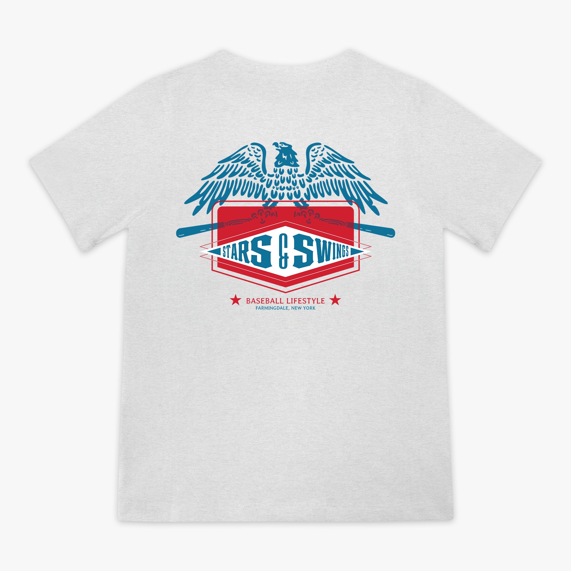Heather gray youth short sleeve tee with blue spread-wing eagle above Stars and Swings badge graphic with crossed bats and Baseball Lifestyle Farmingdale New York text on white background