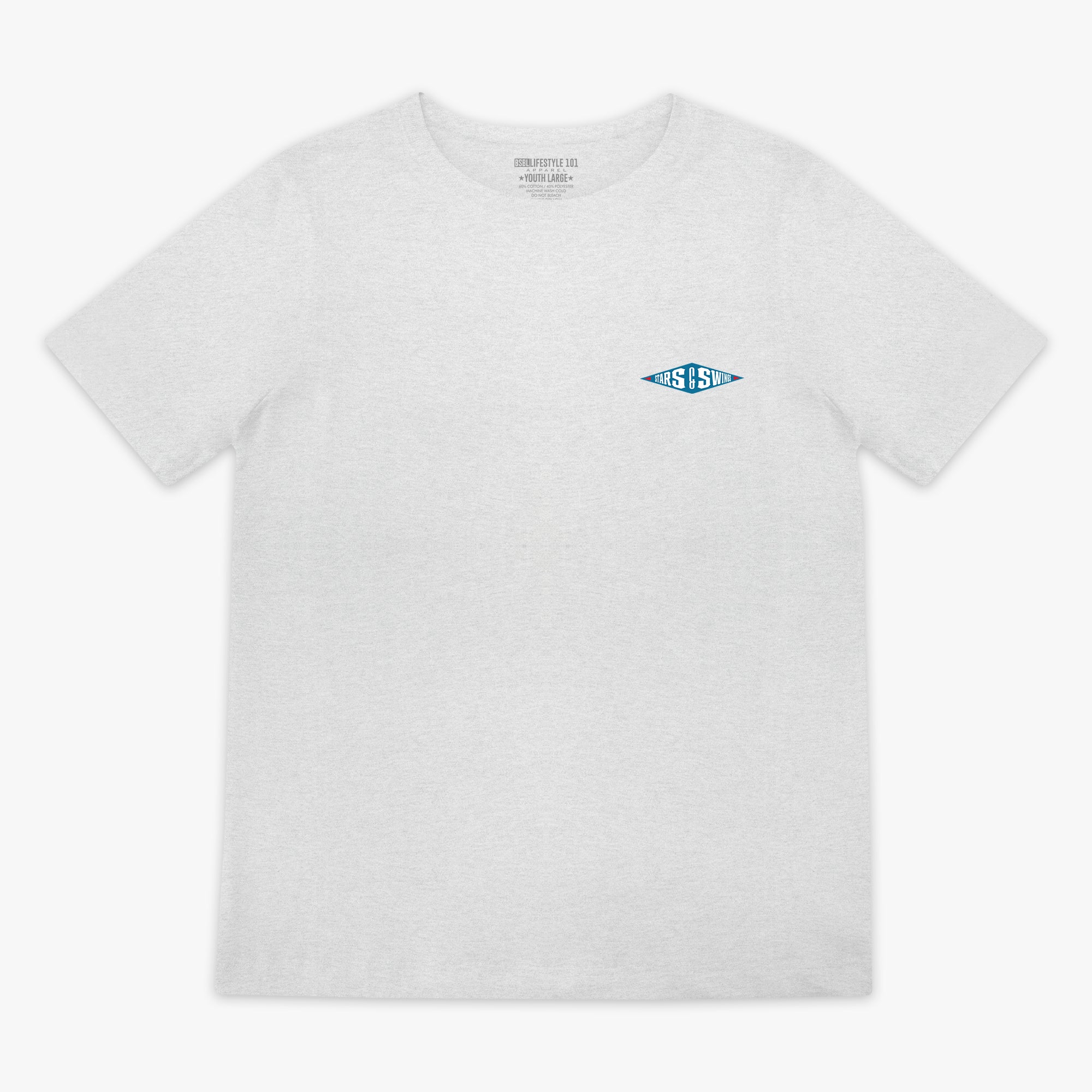 Heather gray youth short sleeve tee with blue diamond-shaped Stars and Swings logo on left chest on white background