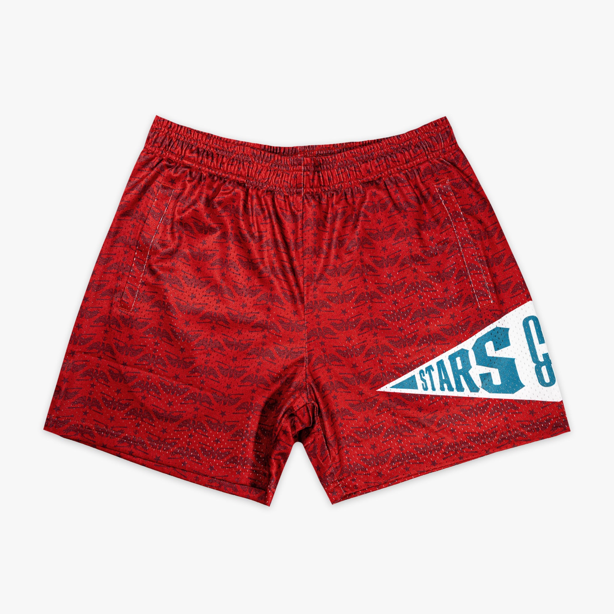Red mesh shorts with allover eagle and star line art pattern and large Stars and Swings diamond logo graphic on right leg on white background