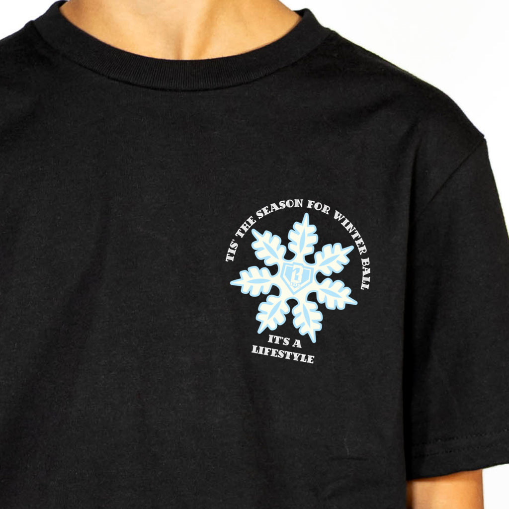 Youth model wearing black youth graphic tee with "Frozen Diamond" design
