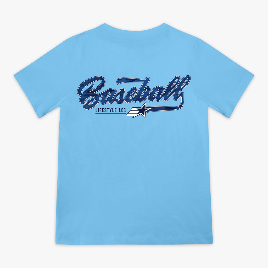 Light blue youth short sleeve tee with GI Joe logo on left chest and circular Baseball Lifestyle 101 badge on right chest on white background