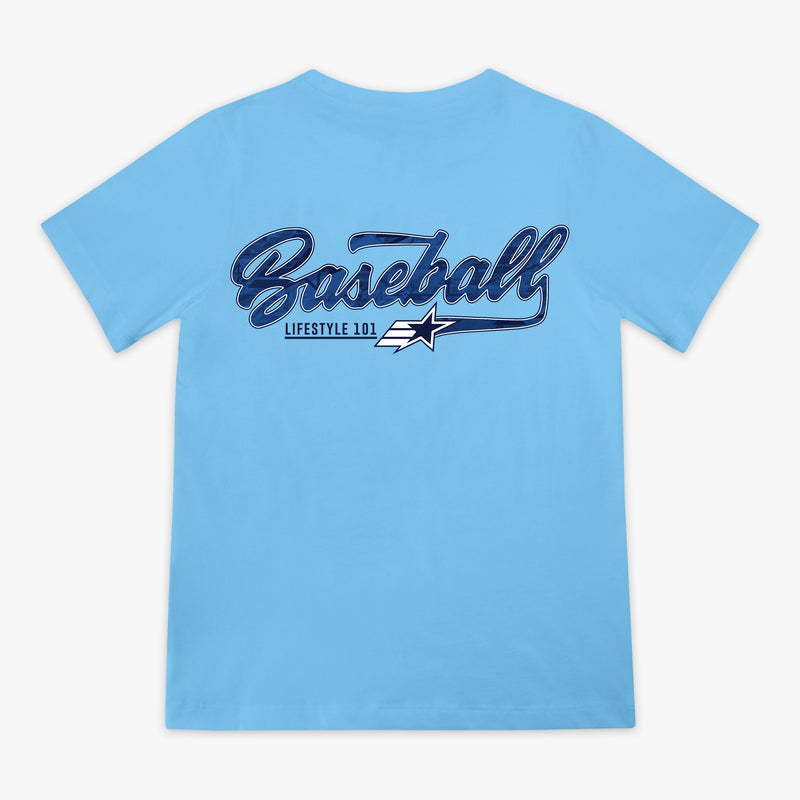Light blue youth short sleeve tee with GI Joe logo on left chest and circular Baseball Lifestyle 101 badge on right chest on white background