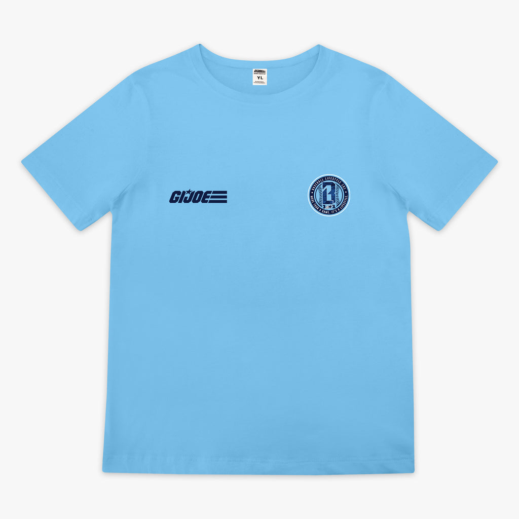 Light blue youth short sleeve tee with large Baseball script in navy with Lifestyle 101 and shooting star swoosh graphic on white background
