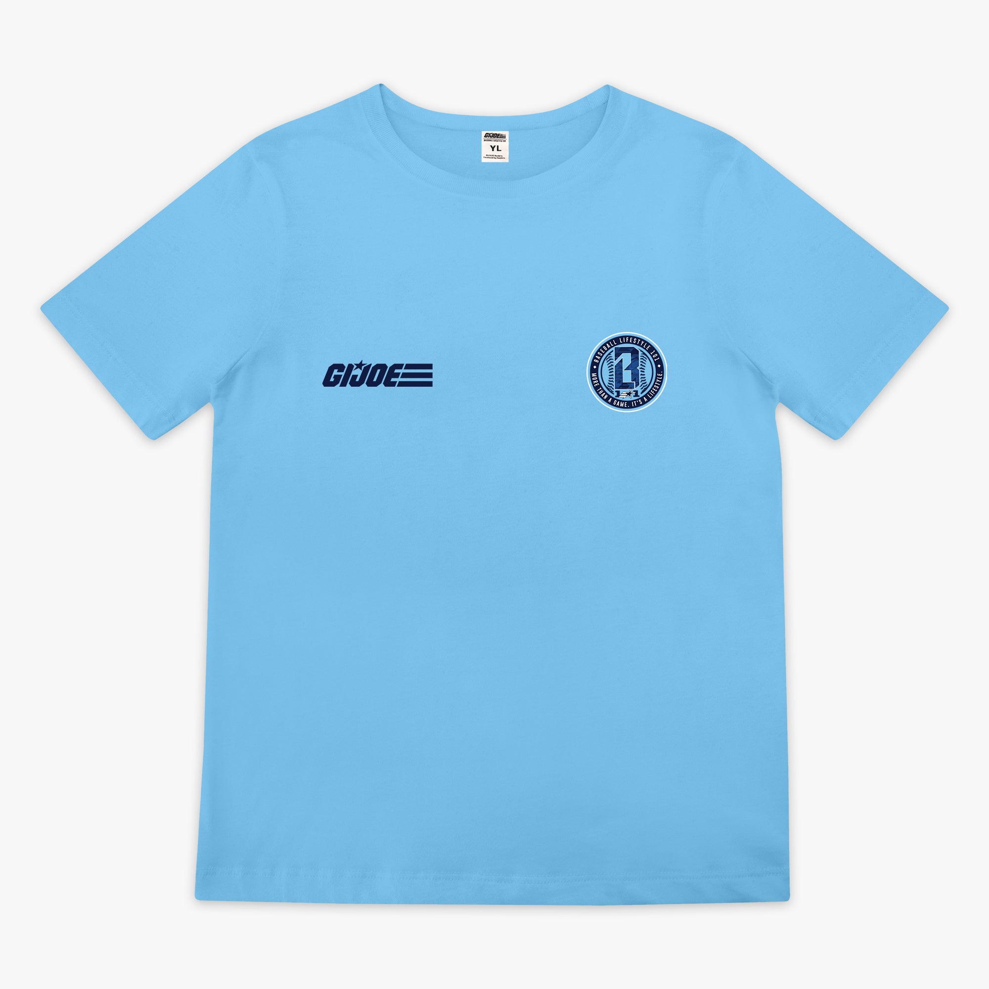 Light blue youth short sleeve tee with large Baseball script in navy with Lifestyle 101 and shooting star swoosh graphic on white background