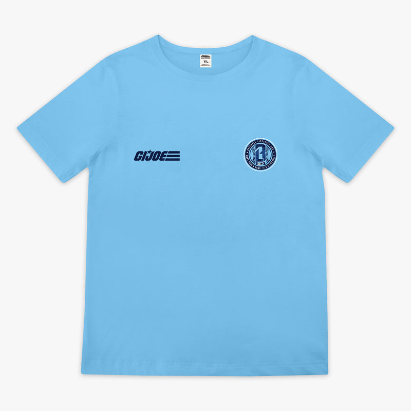 Light blue youth short sleeve tee with large Baseball script in navy with Lifestyle 101 and shooting star swoosh graphic on white background