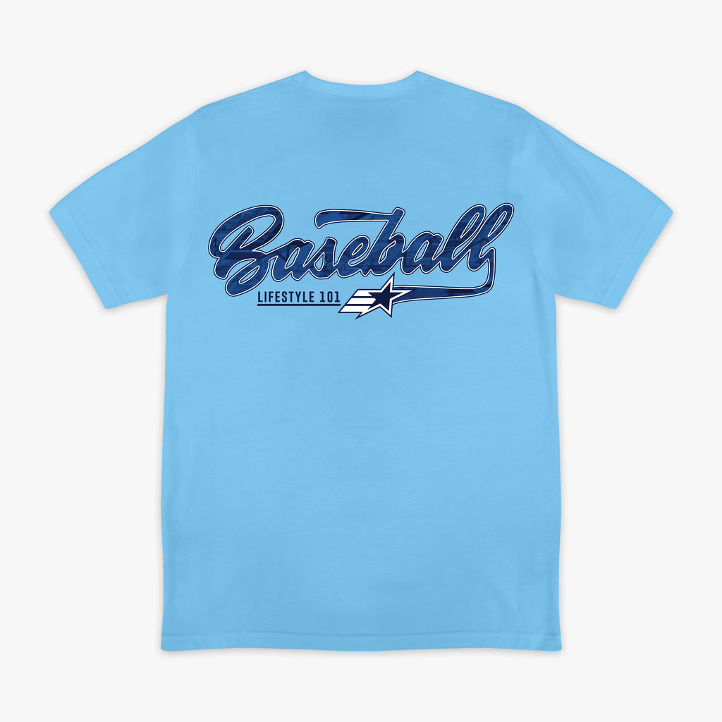 Light blue short sleeve tee with large Baseball script in navy with Lifestyle 101 and shooting star swoosh graphic on white background