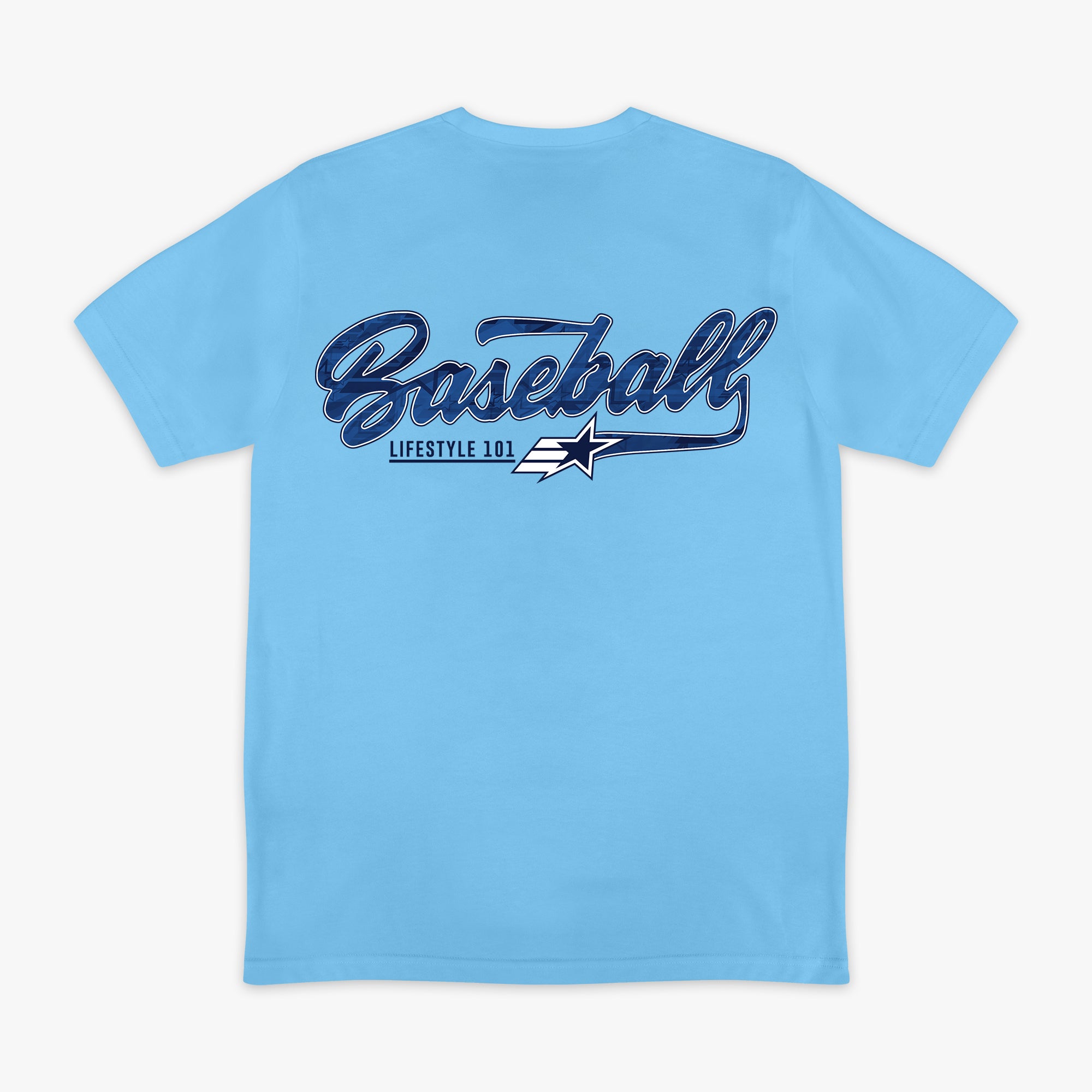 Light blue short sleeve tee with large Baseball script in navy with Lifestyle 101 and shooting star swoosh graphic on white background