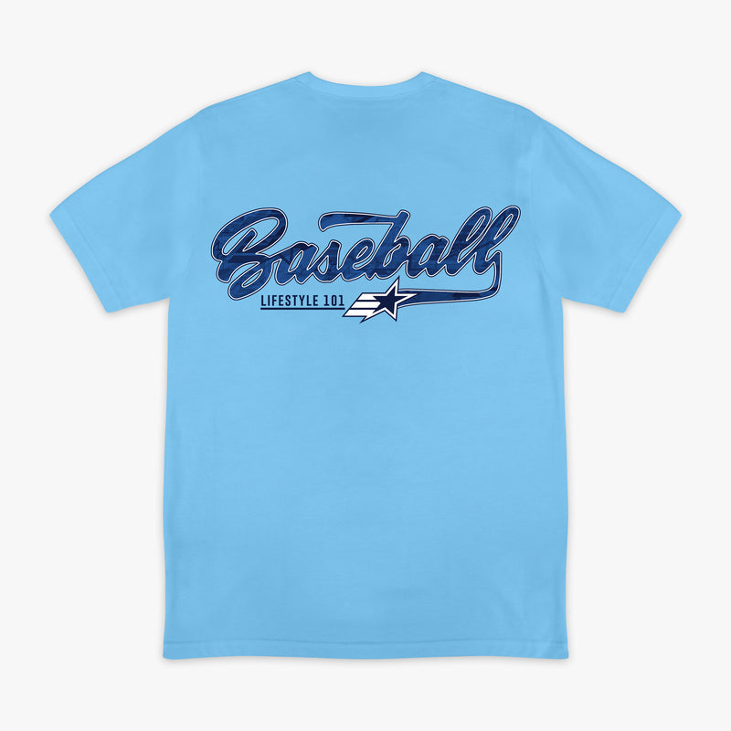 Light blue short sleeve tee with large Baseball script in navy with Lifestyle 101 and shooting star swoosh graphic on white background